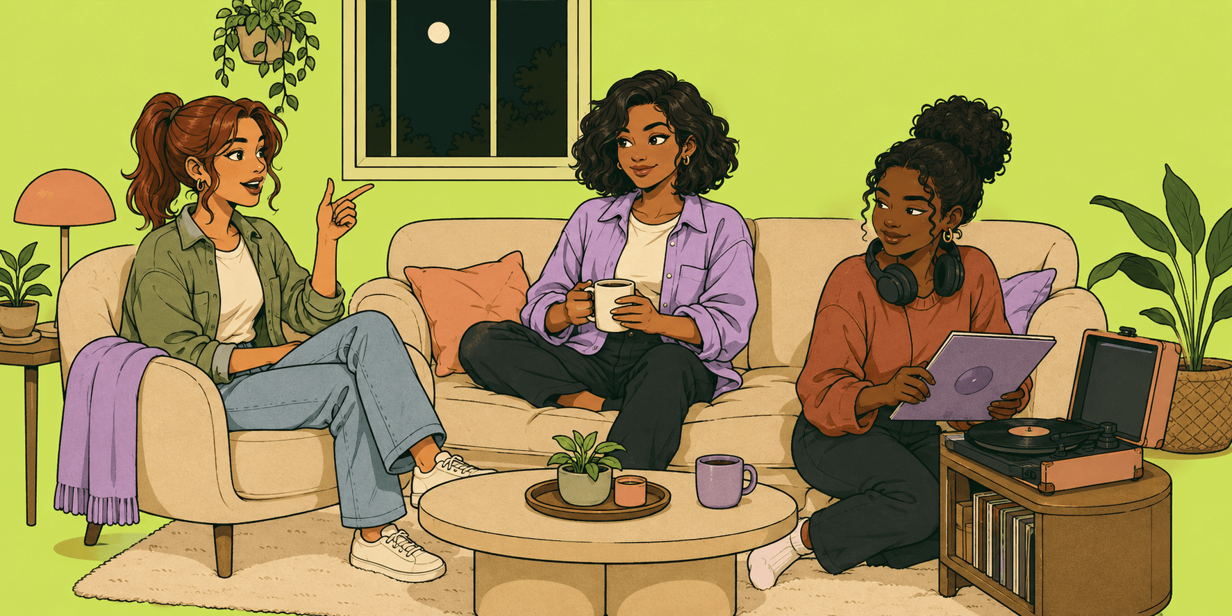 Lila, Sophia, and Maya sharing a lively conversation in an illustrated after-hours living room